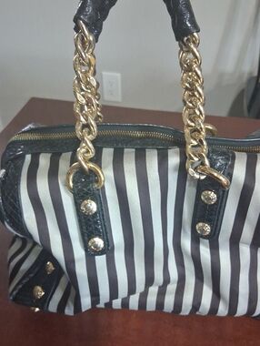 Black and White Striped Shoulder Bag with Gold Chain Handles